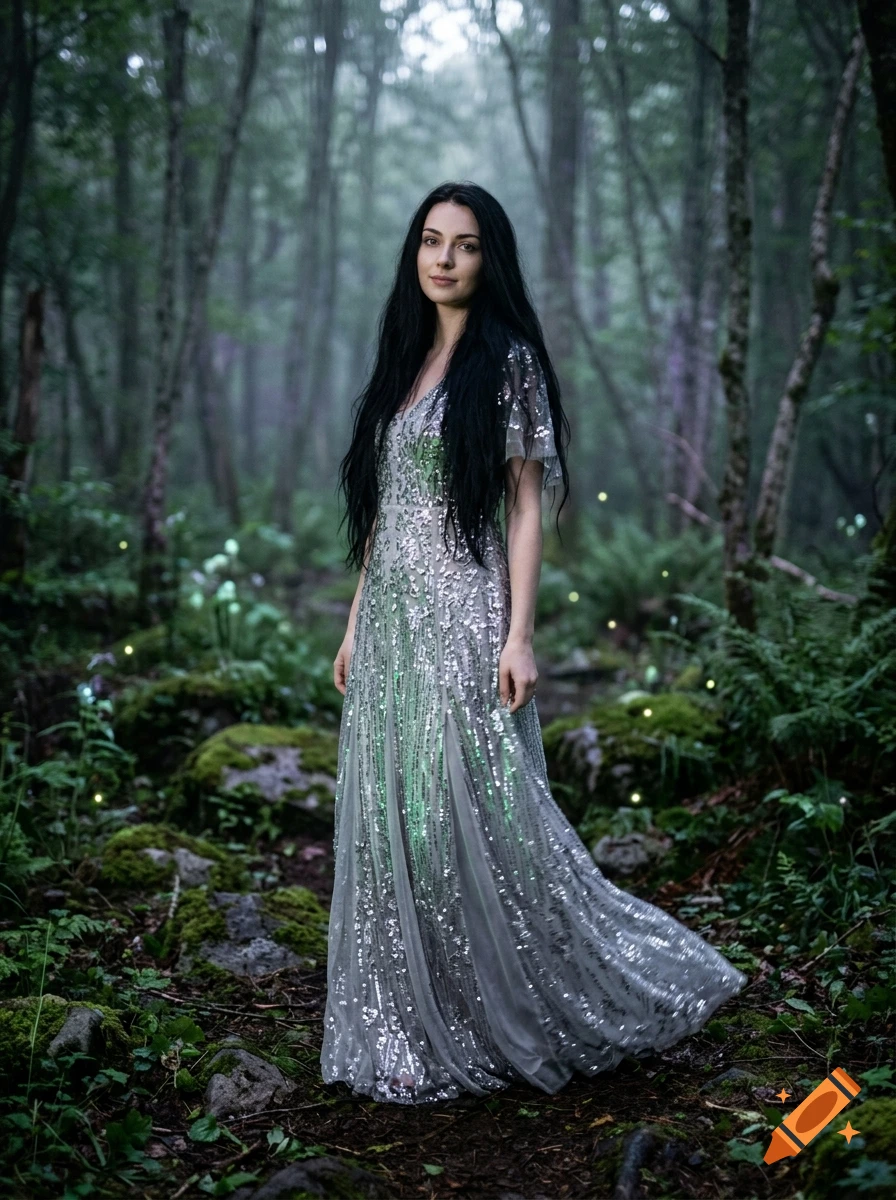 Photorealistic portrait of a woman with long black hair in a sparkling silver dress standing in a mystical forest with glowing fireflies.