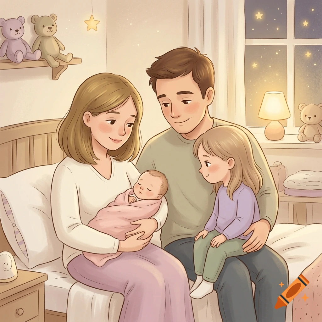 An illustrated family of five sitting together on a bed, including parents, a baby in a pink swaddle, an older daughter, and teddy bears in the nursery.
