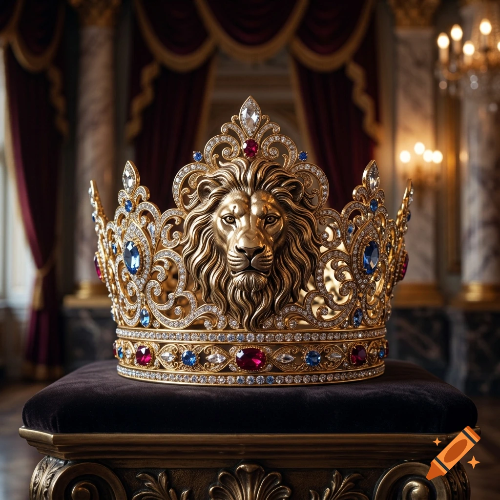 A photorealistic ornate golden crown featuring a lion's head motif, inlaid with diamonds, rubies, and sapphires, resting on a velvet cushion.