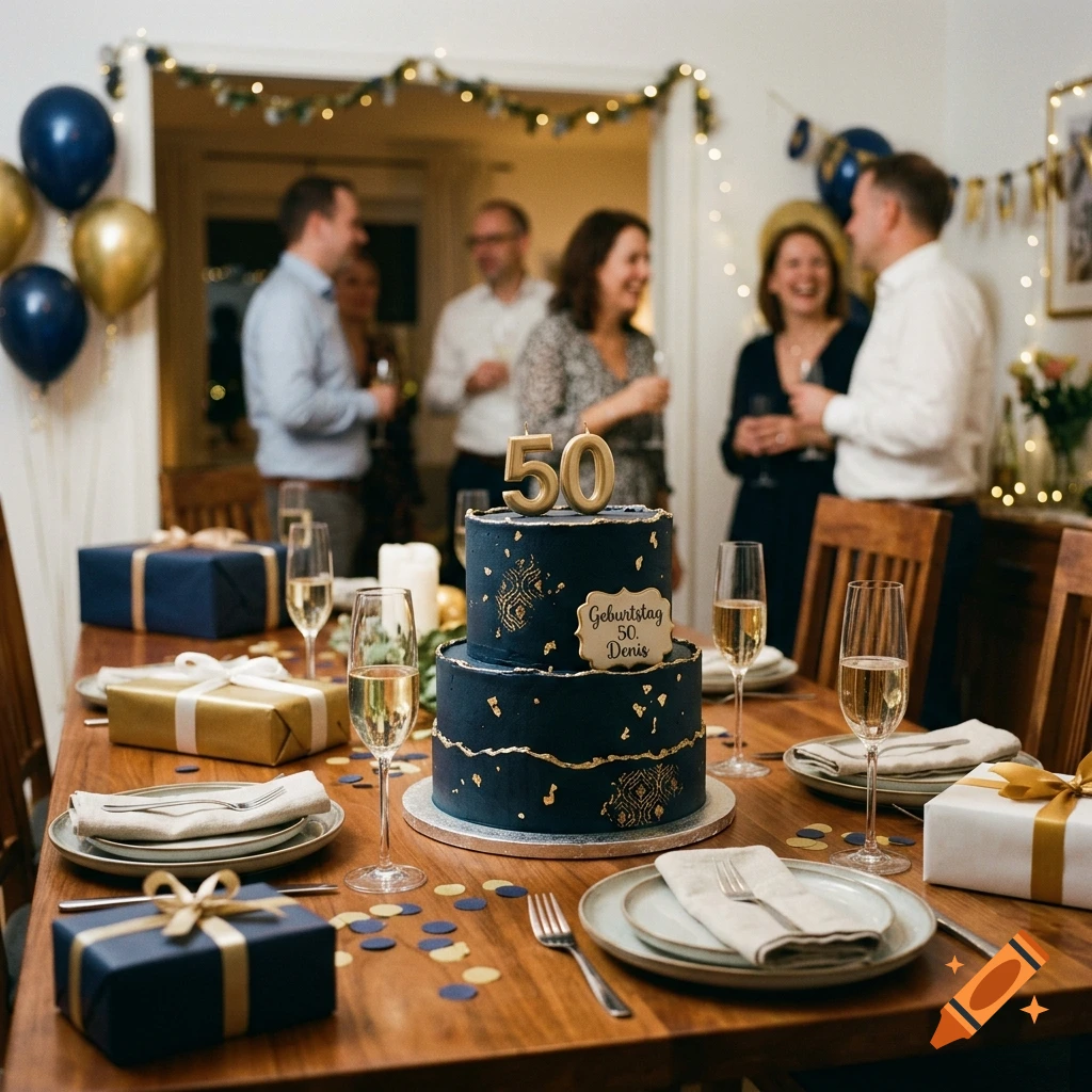 Photorealistic image of a 50th birthday party with a two-tier navy and gold cake, gifts, and champagne glasses on a wooden table, with people celebrating in the background.