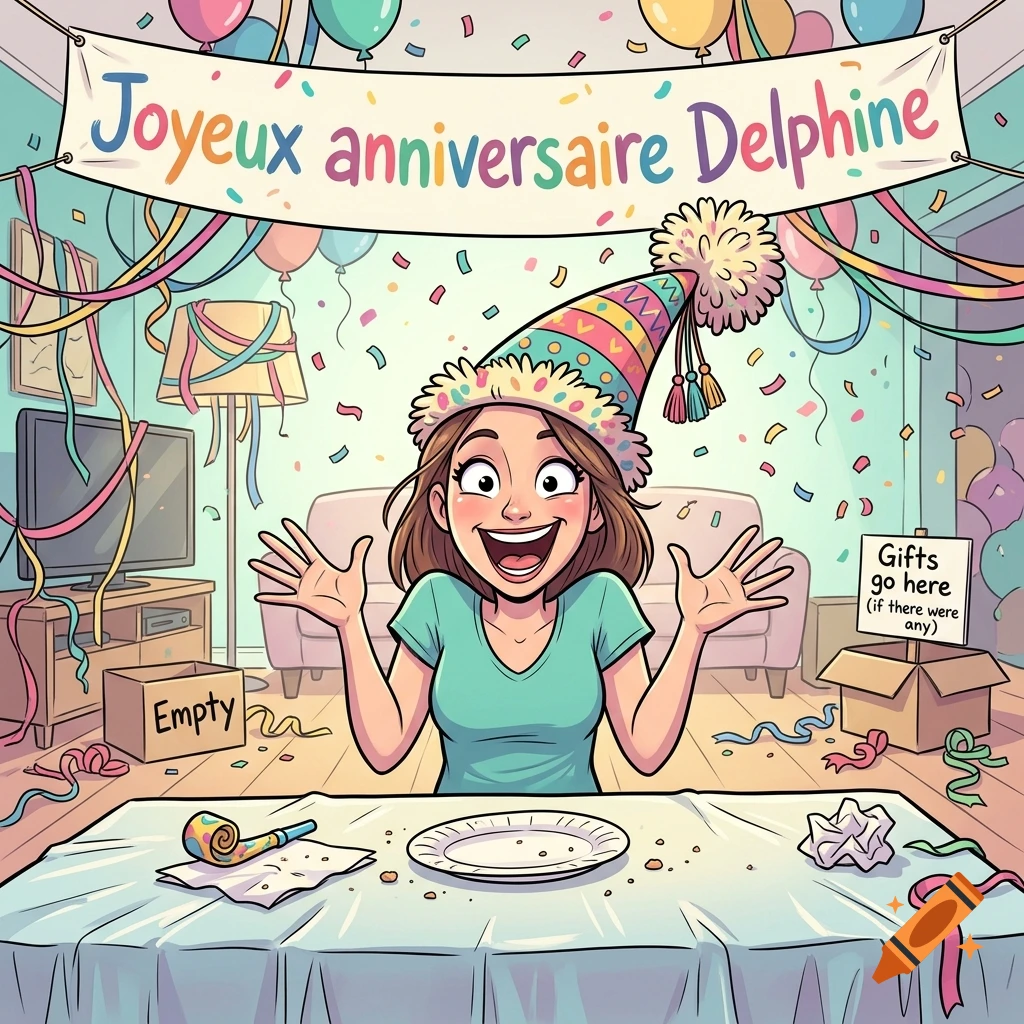 Cartoon illustration of a smiling woman in a birthday hat celebrating with an empty table, banner reading 'Joyeux anniversaire Delphine'