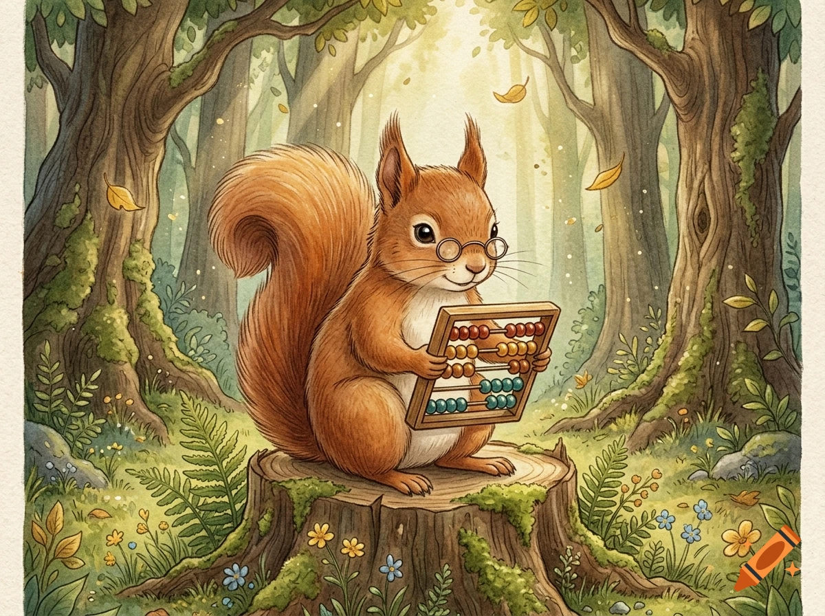 An anthropomorphic red squirrel wearing round glasses holds a small wooden abacus while sitting on a mossy tree stump in a sunlit forest.