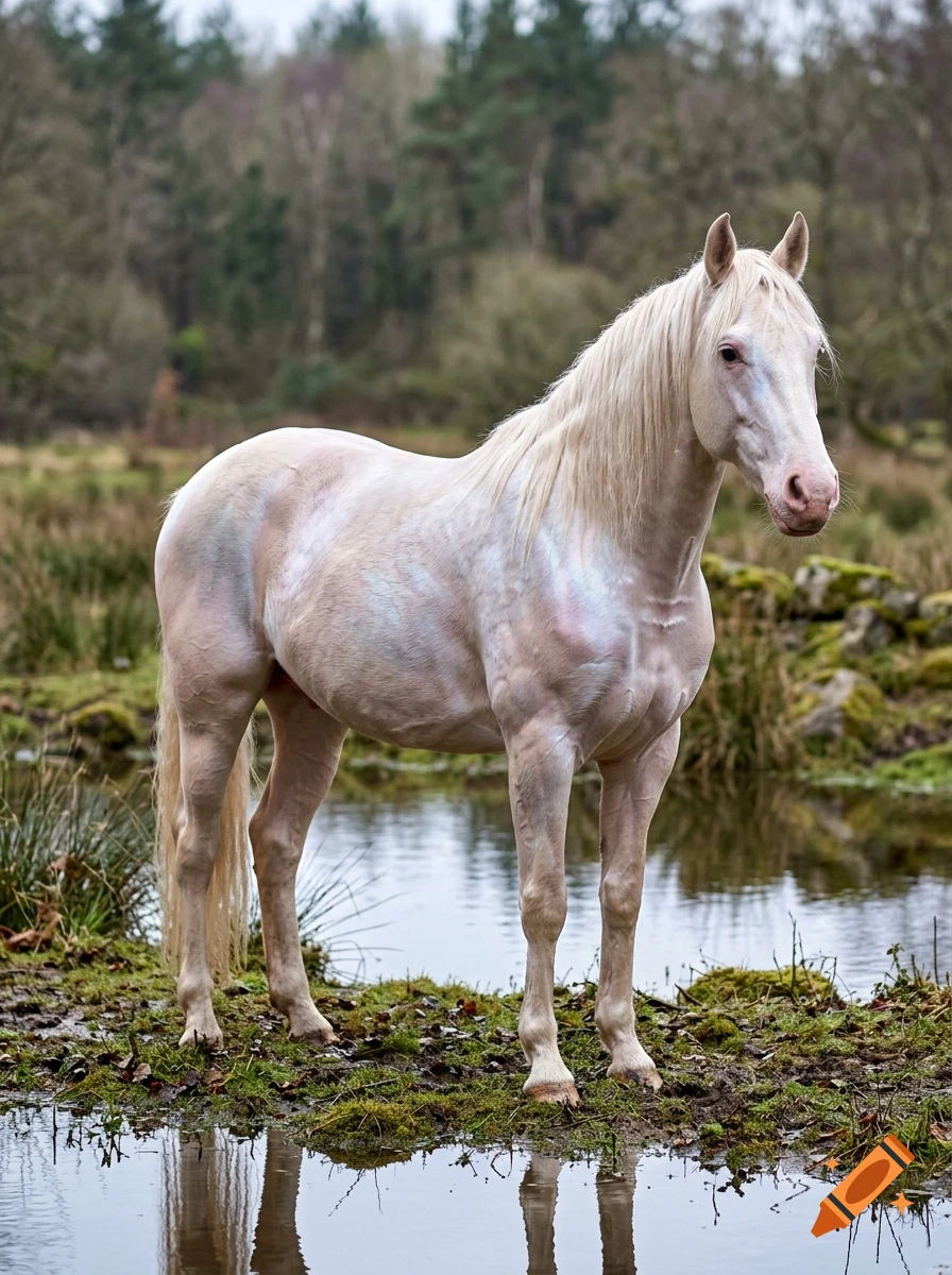 A light-colored horse stands near a small body of water with a wooded background.
