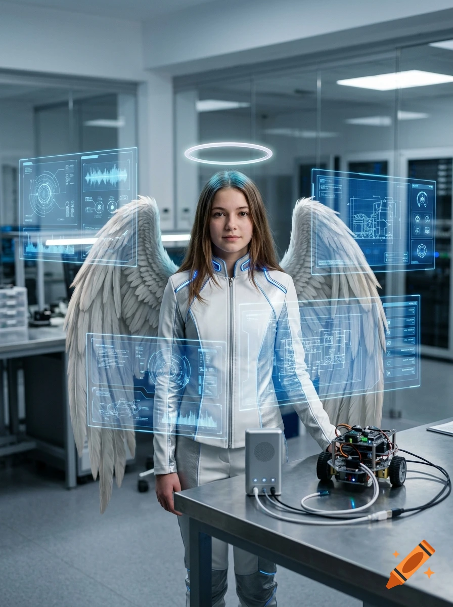 A young woman with white angel wings, a glowing halo, and futuristic attire stands in a laboratory setting with floating holographic displays and a small robotic car.