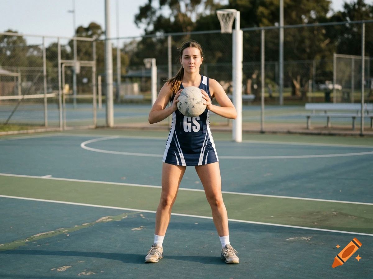A young female netball player in a blue and white uniform holding a netball on an outdoor court.