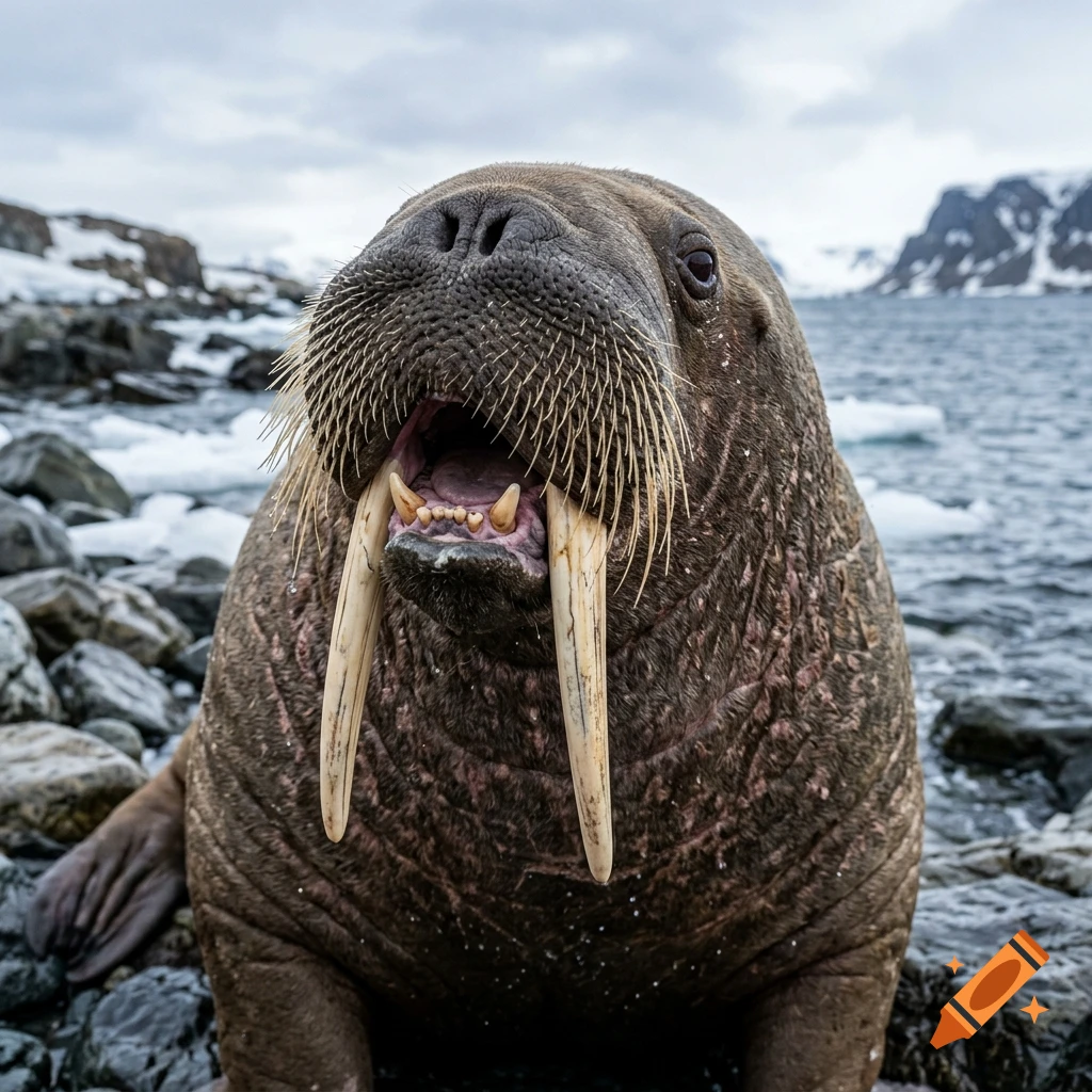 Photorealistic close-up of a yapping walrus with large tusks on an icy rocky shore.
