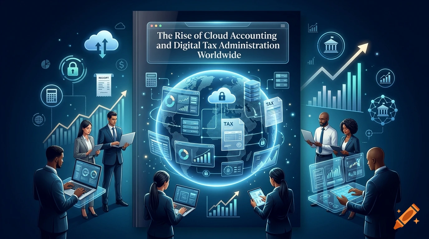 Illustration depicting cloud accounting and digital tax administration with business professionals using laptops around a glowing digital globe and financial charts.