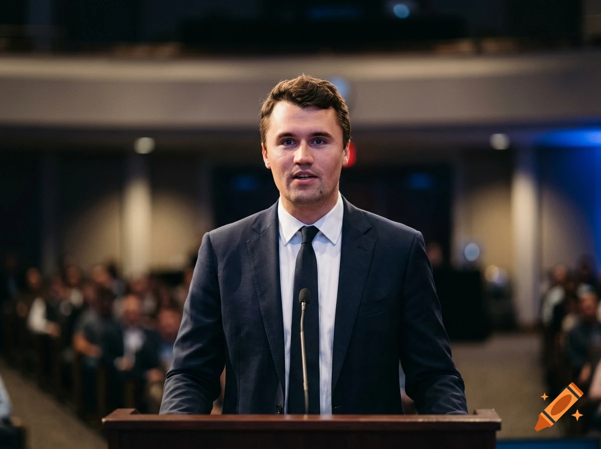 Photorealistic medium shot of Charlie Kirk speaking behind a wooden podium in a large auditorium.