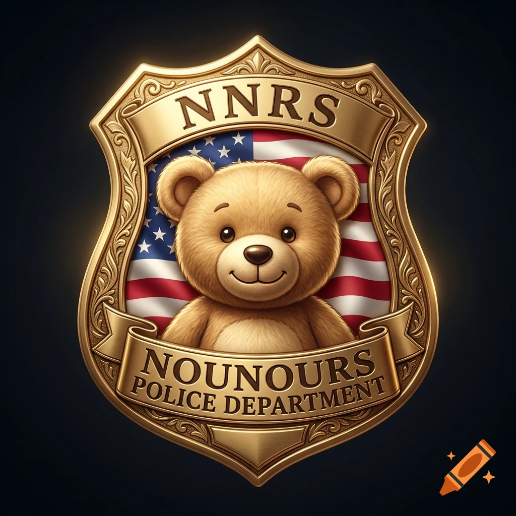 An ornate gold police shield badge features a smiling teddy bear centered in front of an American flag, with text reading NNRS and NOUNOURS POLICE DEPARTMENT.