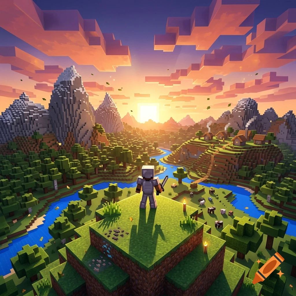 A blocky landscape at sunset featuring a character standing on a grassy hill overlooking mountains, forests, a river, and a village in the distance.