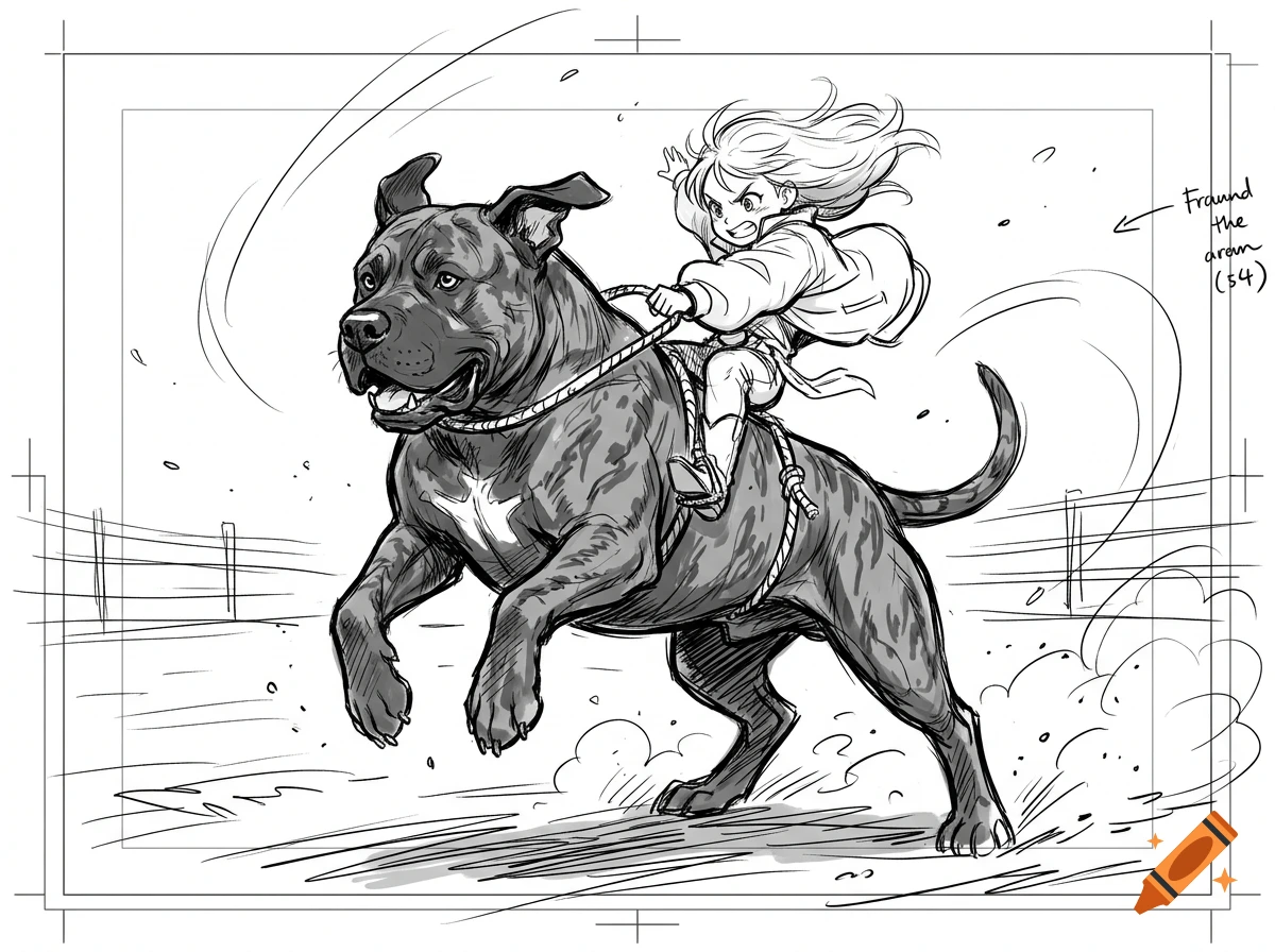 Black and white anime storyboard sketch of a small girl riding a large pit bull dog like a bull.