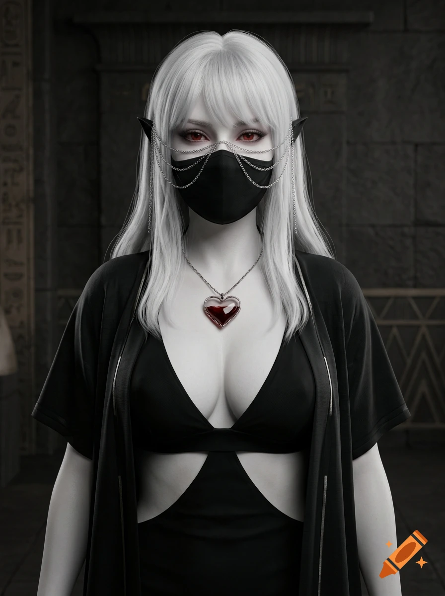 A portrait of a woman with white hair, red eyes, and pointed ears, wearing a black face mask with silver chains and a heart-shaped pendant necklace.
