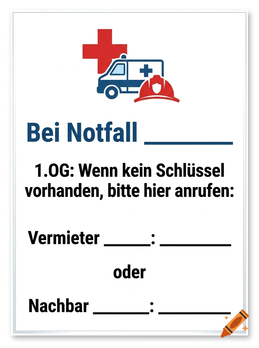 Emergency contact sign for an apartment building with German text, a red cross, ambulance icon, and a firefighter helmet.