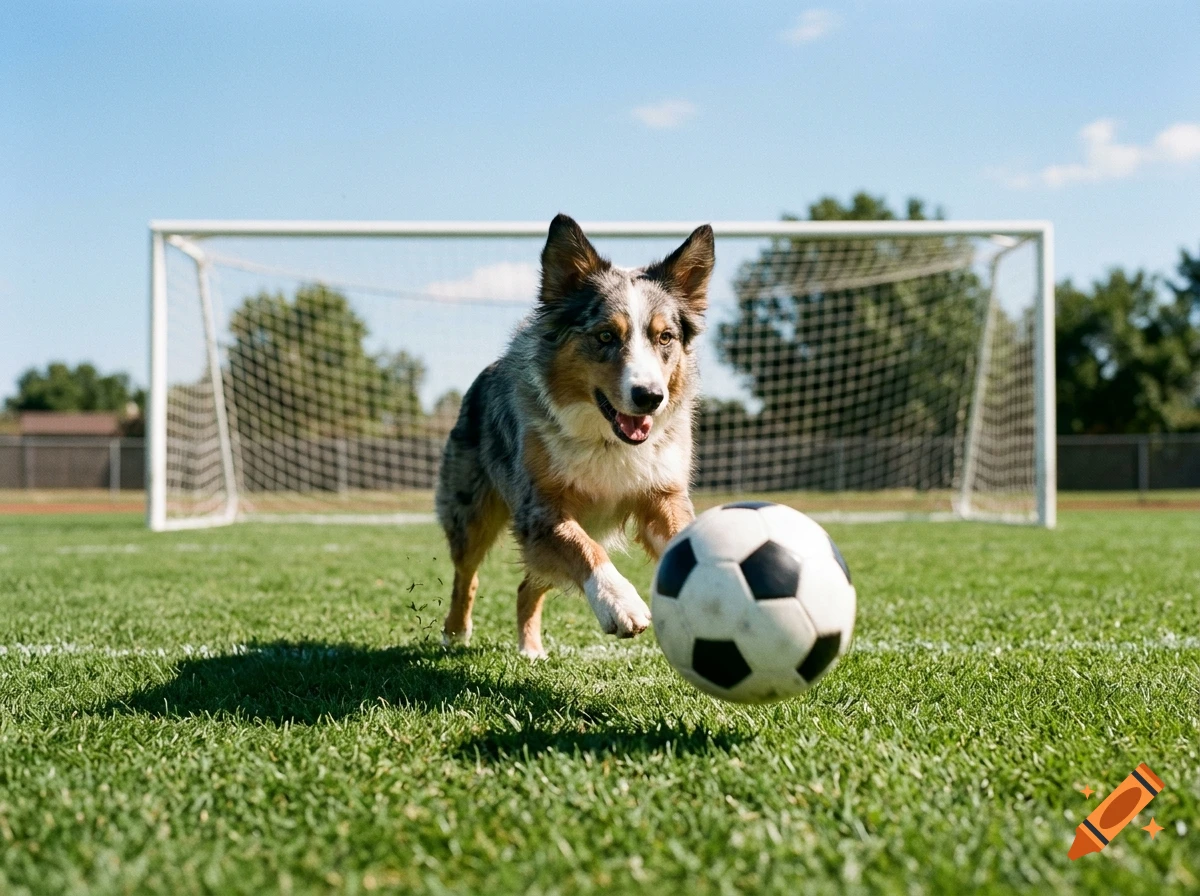 An Australian Shepherd running on a green soccer field towards a soccer ball in front of a goal.