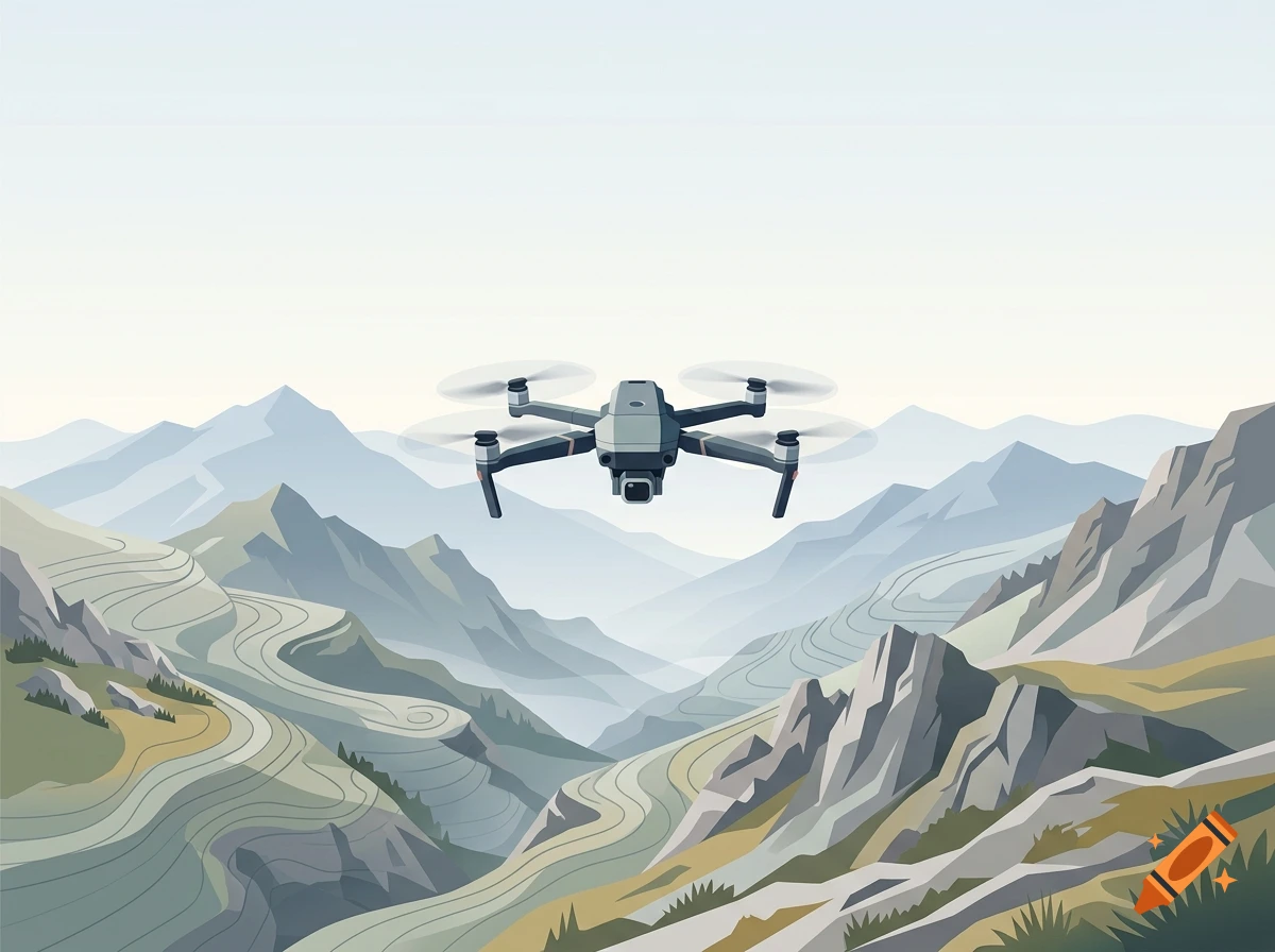 Watercolor illustration of a drone hovering over a mountainous landscape with winding valleys.