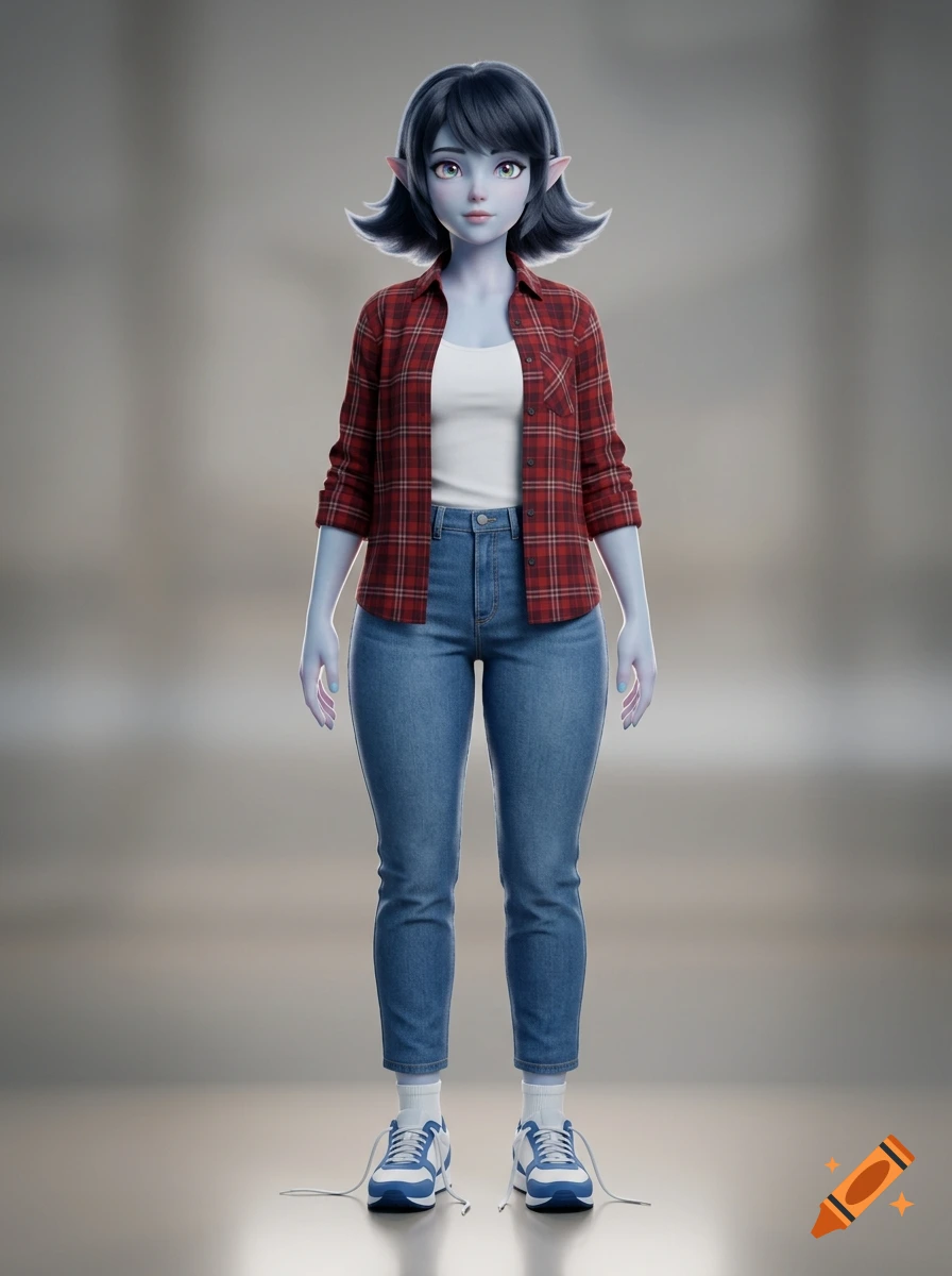 A full-body digital render of a blue-skinned character with pointed ears, dark hair, wearing a plaid shirt, white tank top, jeans, and sneakers.