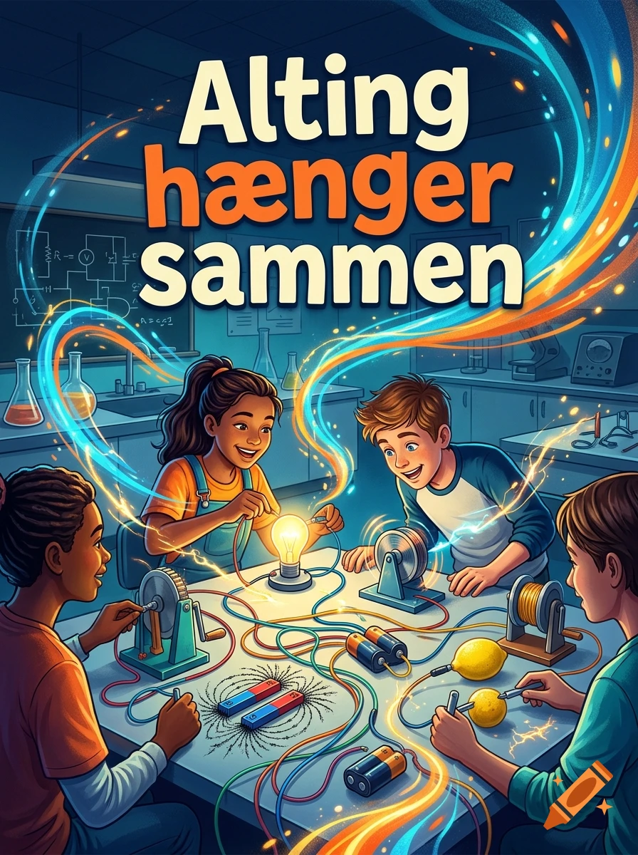 Children conducting electrical experiments in a science classroom, with glowing energy streams and Danish text above.