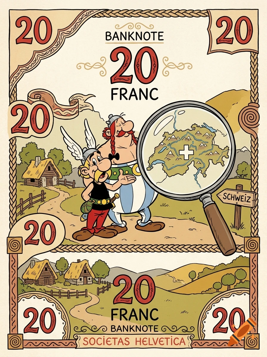 Banknote design featuring Asterix and Obelix in comic book style, with a magnifying glass showing a map of Switzerland.