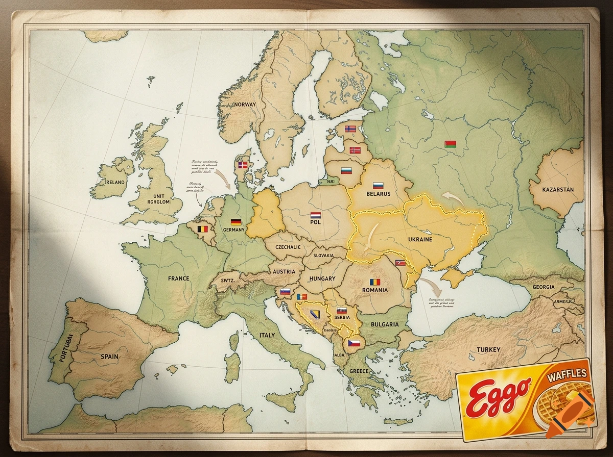Vintage styled map of Europe with flags and an Eggo waffles logo in the corner.