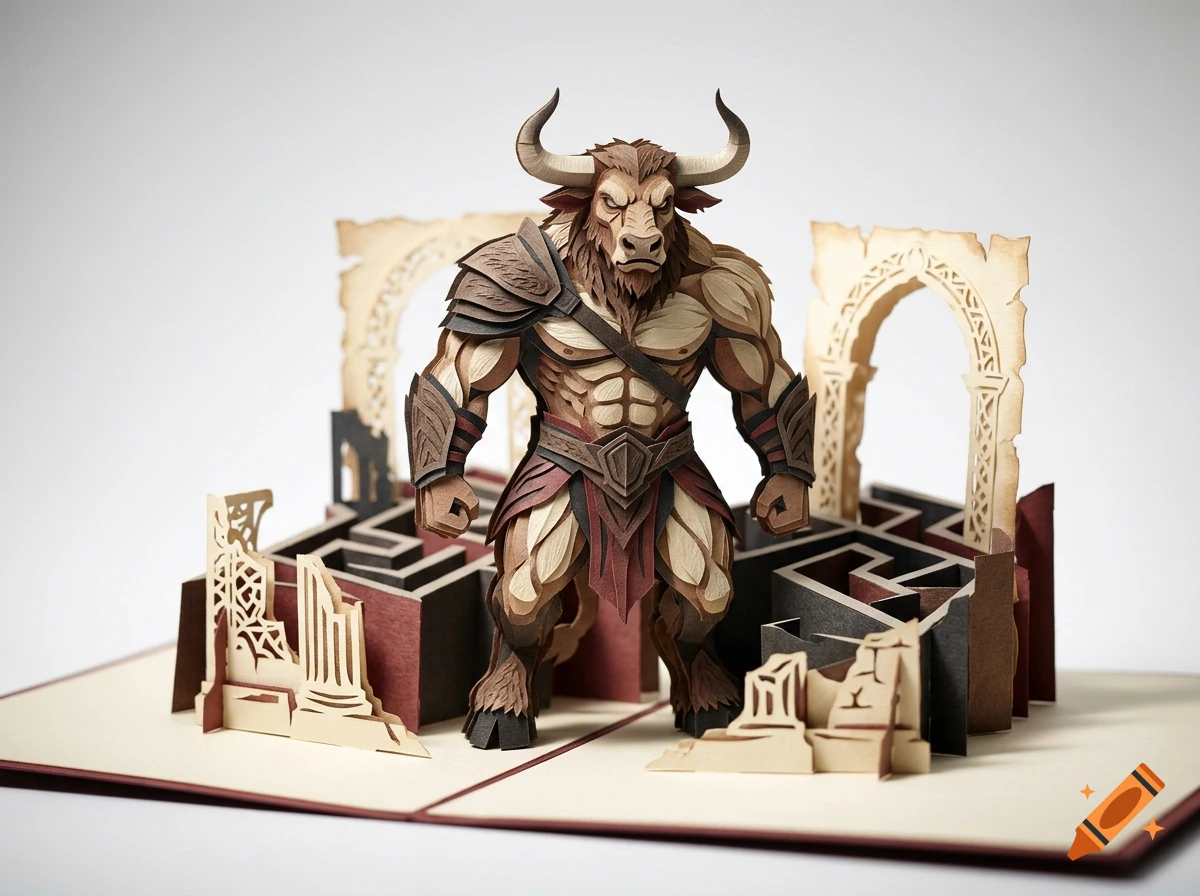 3D paper sculpture card model of a muscular minotaur standing in front of a paper labyrinth and ruined stone archways.