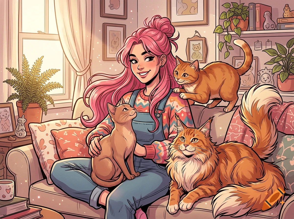 An illustrated portrait of a smiling woman with pink hair sitting on a couch with three cats.