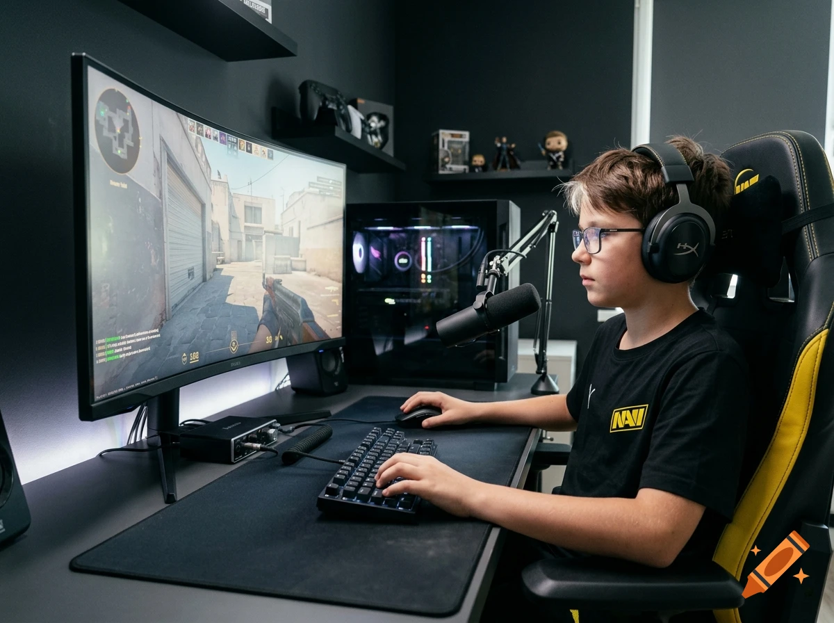 A young boy playing a video game on a large curved monitor in a dark gaming setup room.