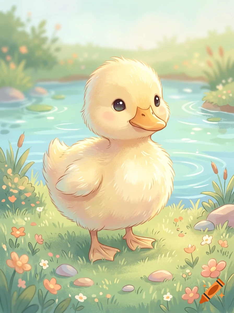 Digital illustration of a cute, fluffy yellow duckling standing by a pond with flowers in the grass.