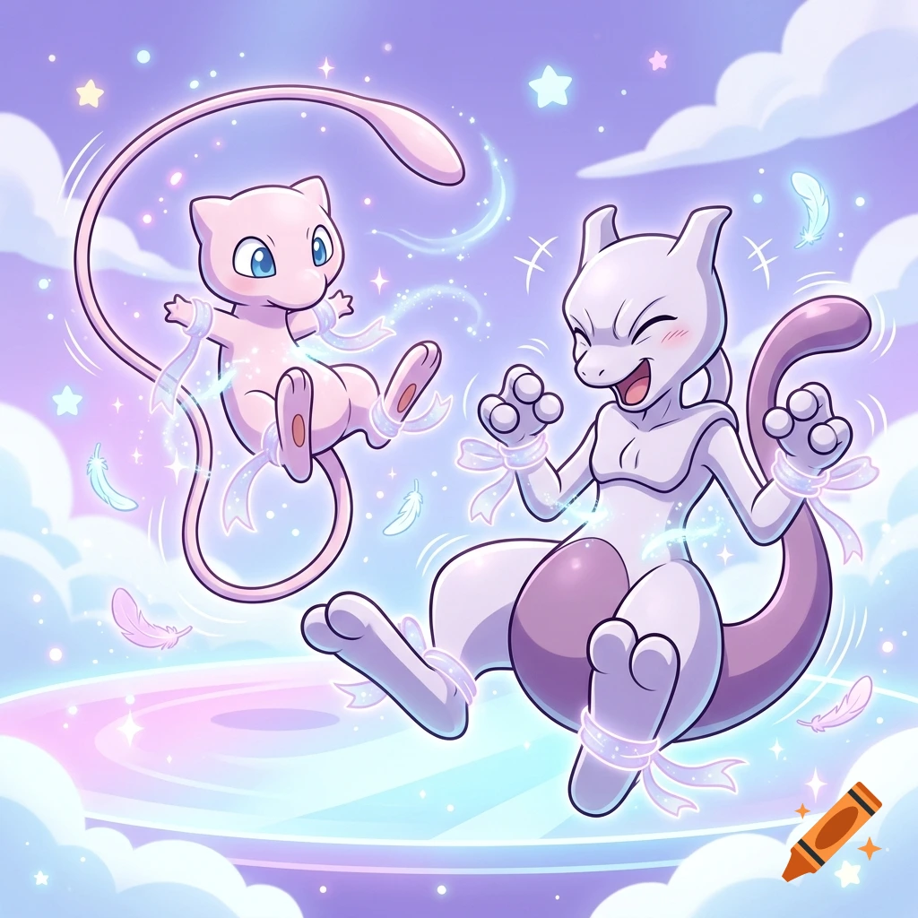 Digital illustration of Mew and Mewtwo happily floating among clouds and stars, tied with ribbons in a cute anime style.