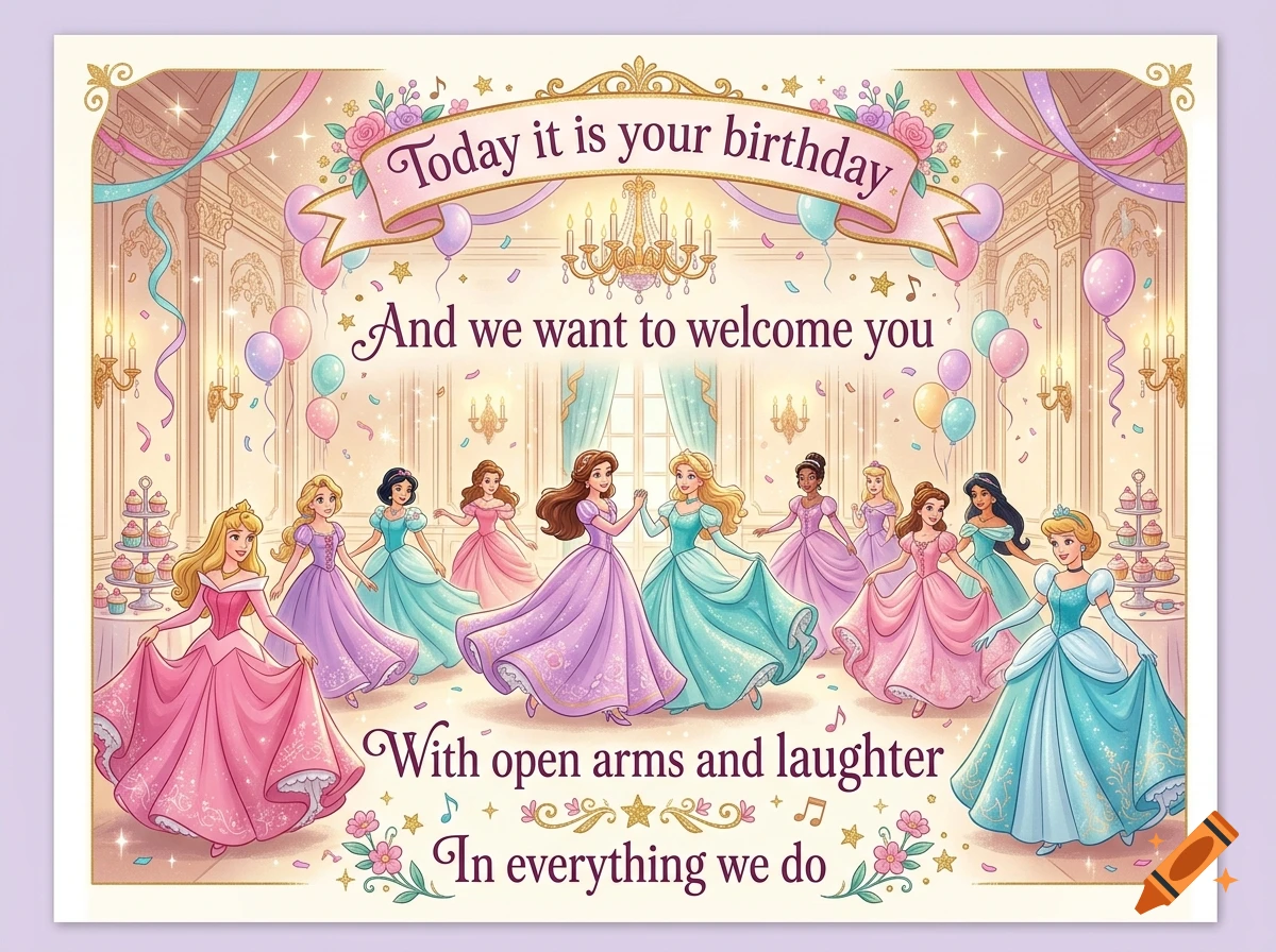 A colorful birthday greeting card illustration featuring multiple princesses in ballgowns dancing in a grand ballroom with balloons and birthday text.