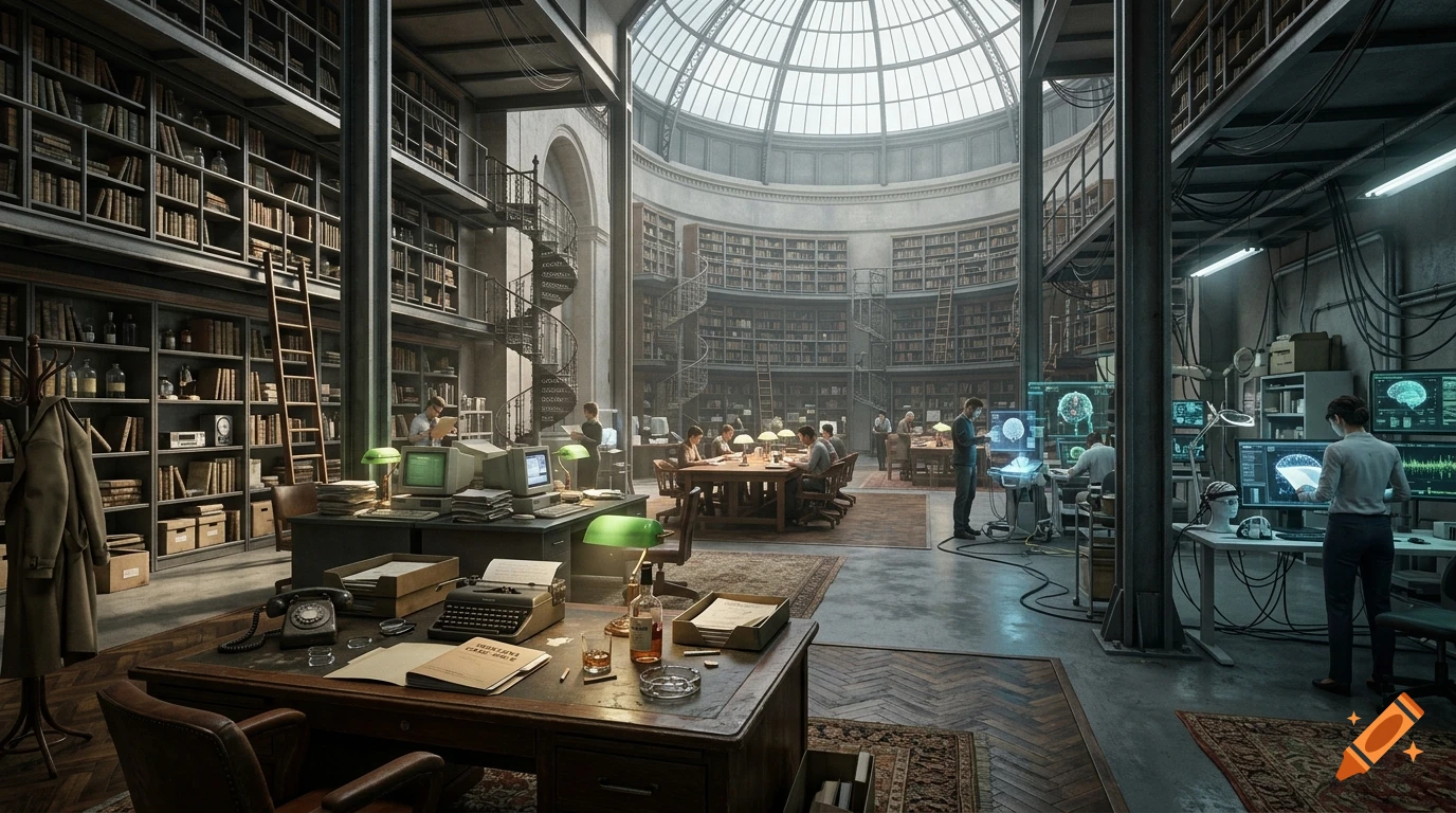 Photorealistic expansive library interior blending a reading room, detective office, and neuroscience lab with people working.