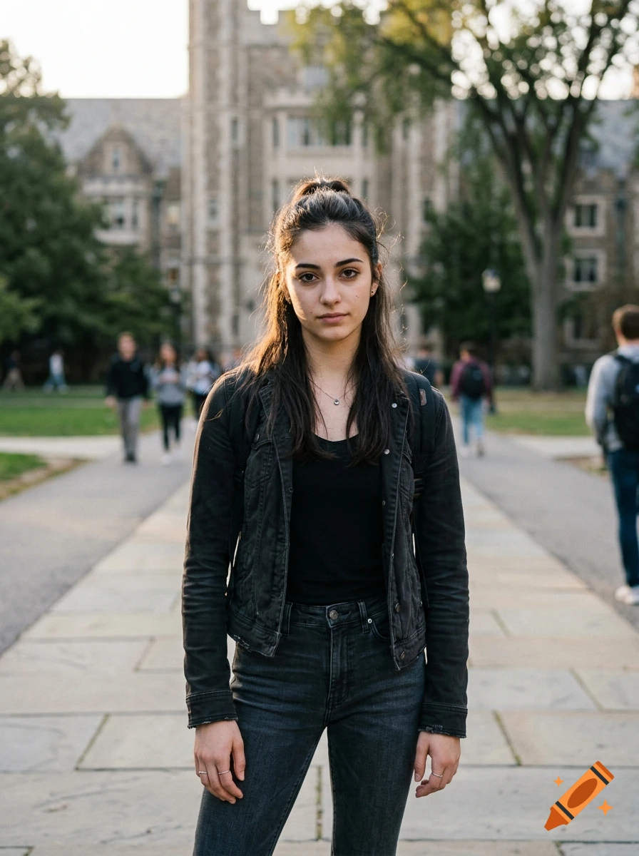 Photorealistic portrait of a young college student with long dark hair, wearing a black jacket, standing on a campus pathway.