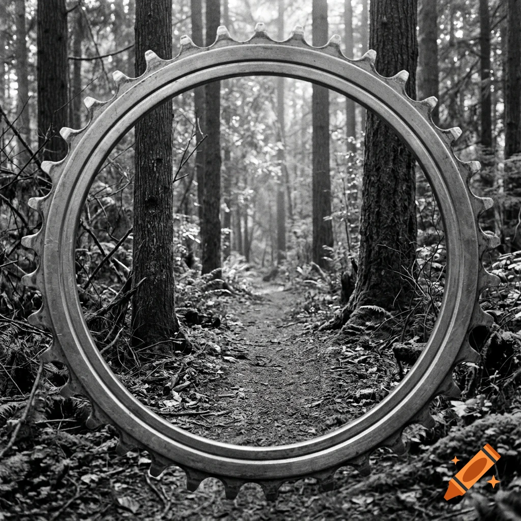 Black and white photograph of a forest path viewed through a large metal bicycle chainring acting as a circular frame.