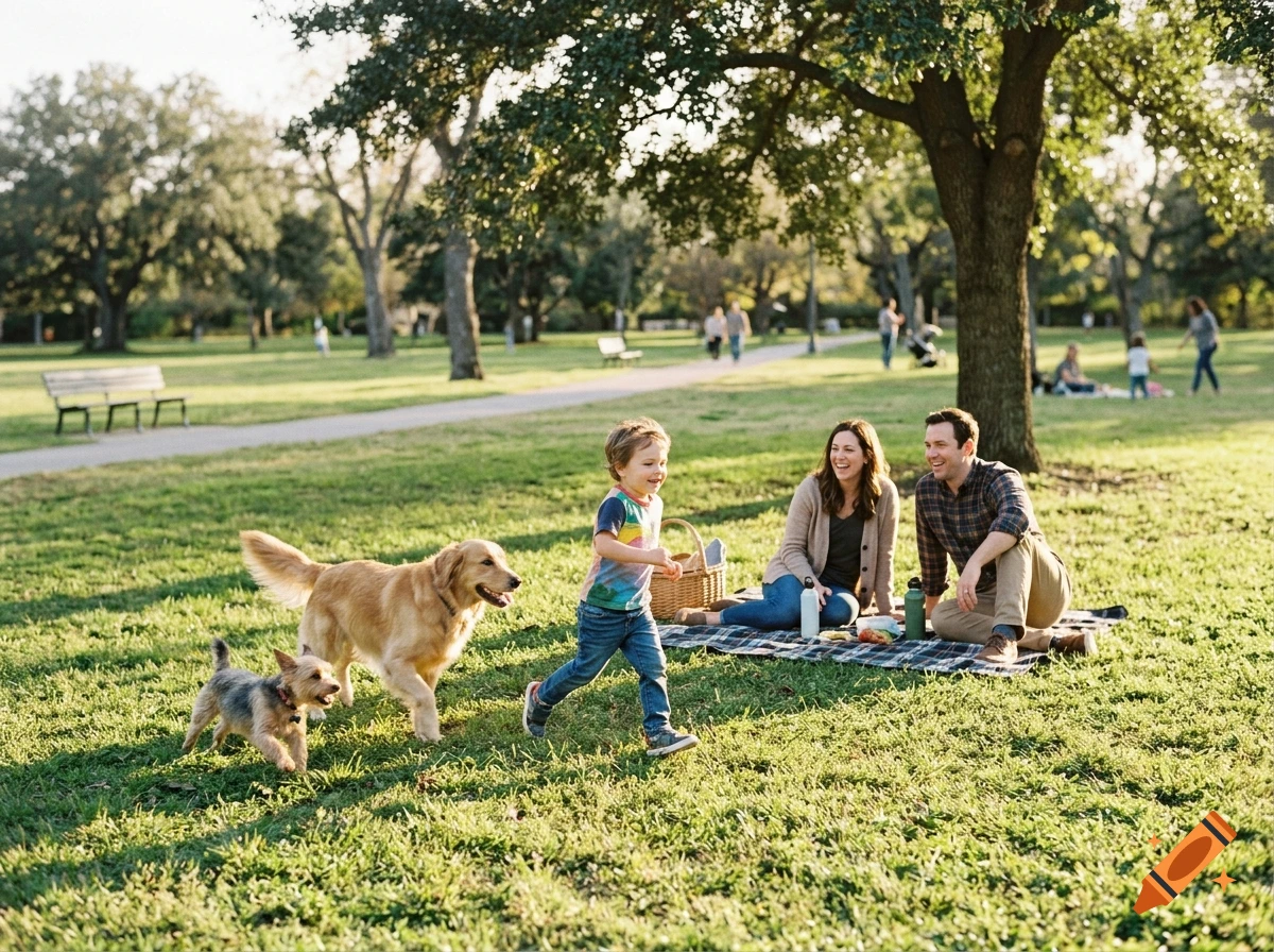 Photorealistic scene of a family with two dogs playing in a sunny park.