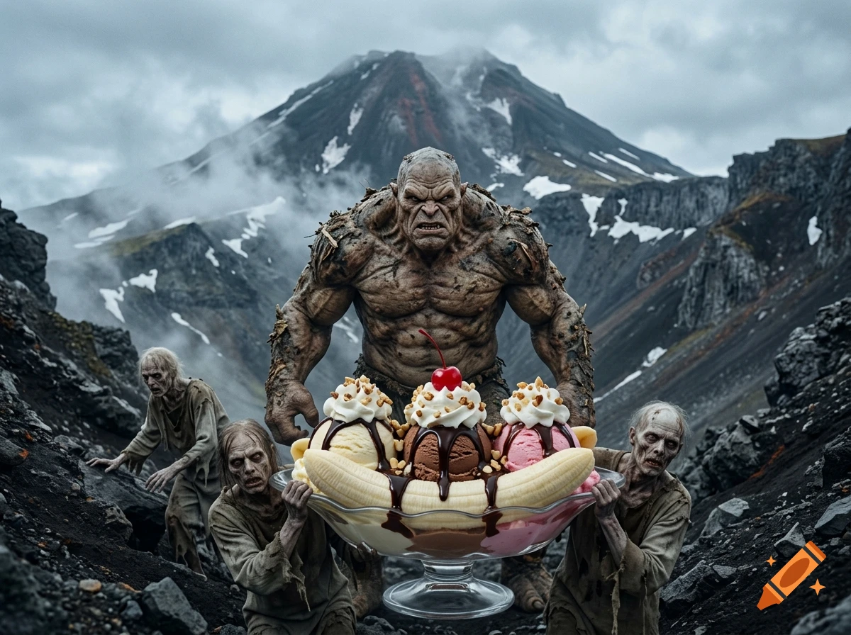 A photorealistic scene of ghouls and a large troll carrying a giant banana split sundae in a mountainous landscape.