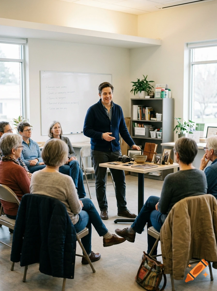 A man presenting items to a diverse group of adults sitting in a circle in a bright classroom, photorealistic.