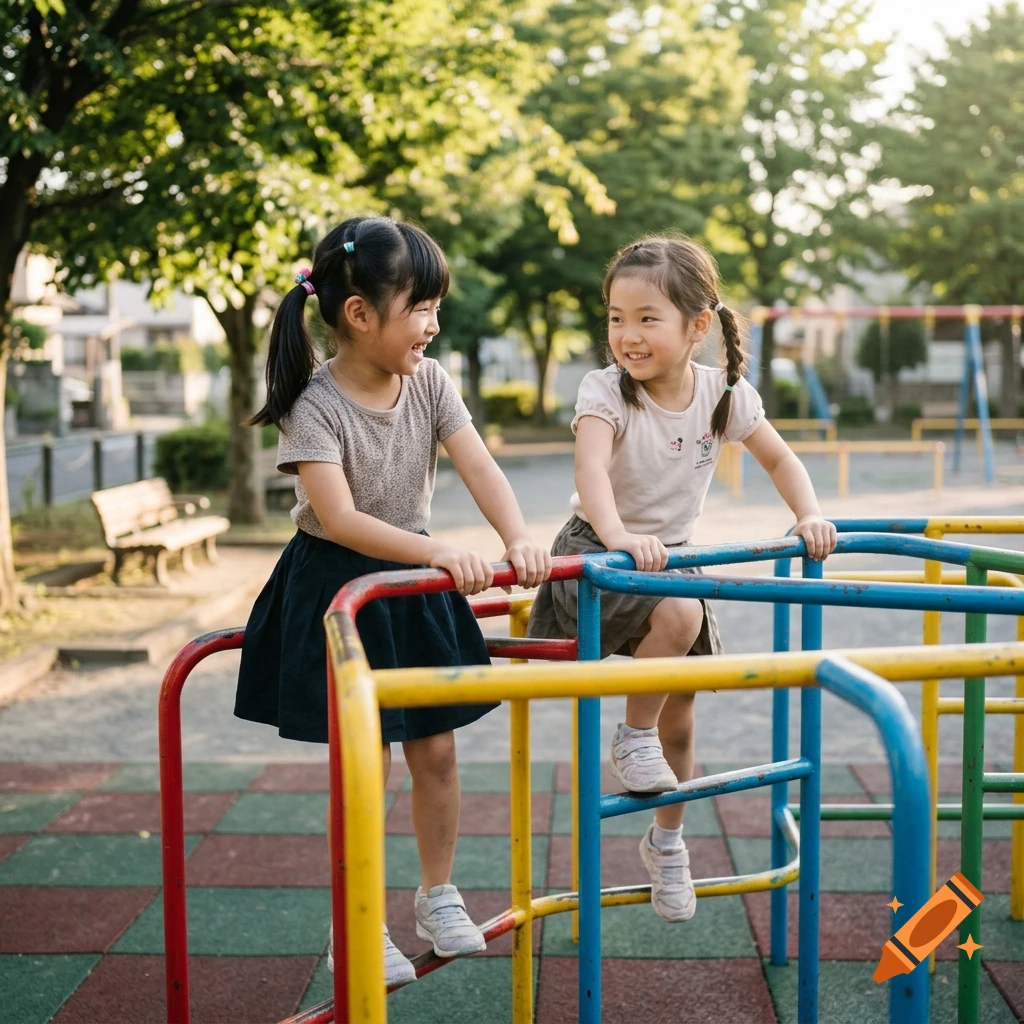 Close-up photo of two young Japanese girls with pigtails smiling and playing together on a colorful jungle gym in a park.