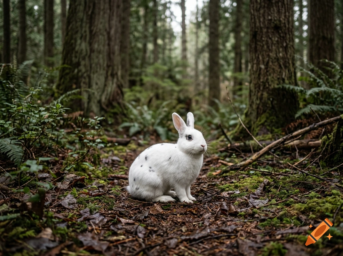 A white rabbit with black spots sitting on mossy forest ground surrounded by trees and ferns in a photorealistic style.
