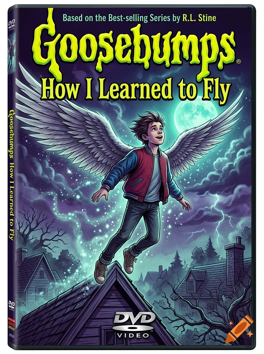 A DVD cover of Goosebumps: How I Learned to Fly featuring a boy with large white feathered wings flying over a suburban rooftop.