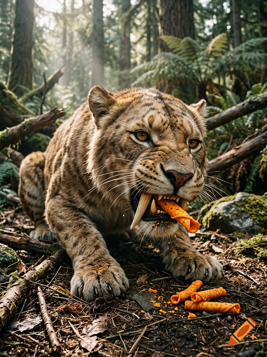 A close-up shot of a saber-toothed cat in a forest, holding a rolled cheese snack in its mouth with crumbs falling onto the forest floor.