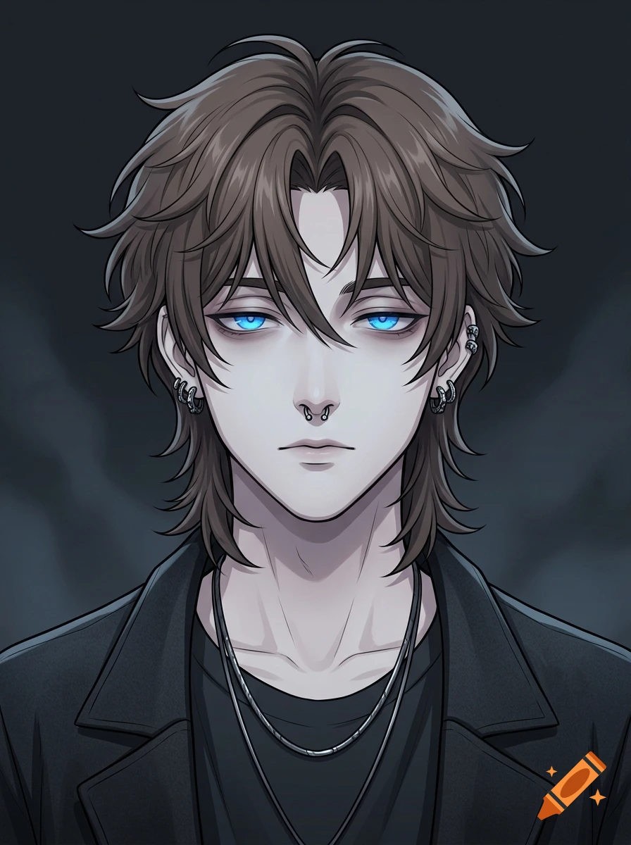 An anime-style portrait of a young person with tousled brown hair, bright blue eyes, pale skin, facial piercings, and a black jacket over a t-shirt.
