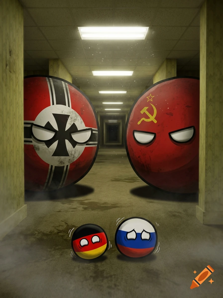 An artwork featuring Countryballs characters representing Nazi Germany and the Soviet Union looming over smaller modern German and Russian balls in a lit hallway.