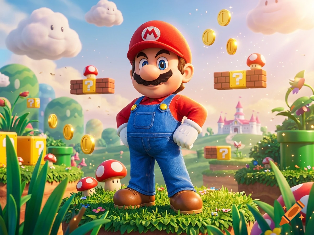 Super Mario standing proudly in a vibrant, sunny Mushroom Kingdom landscape with floating coins and question block boxes.