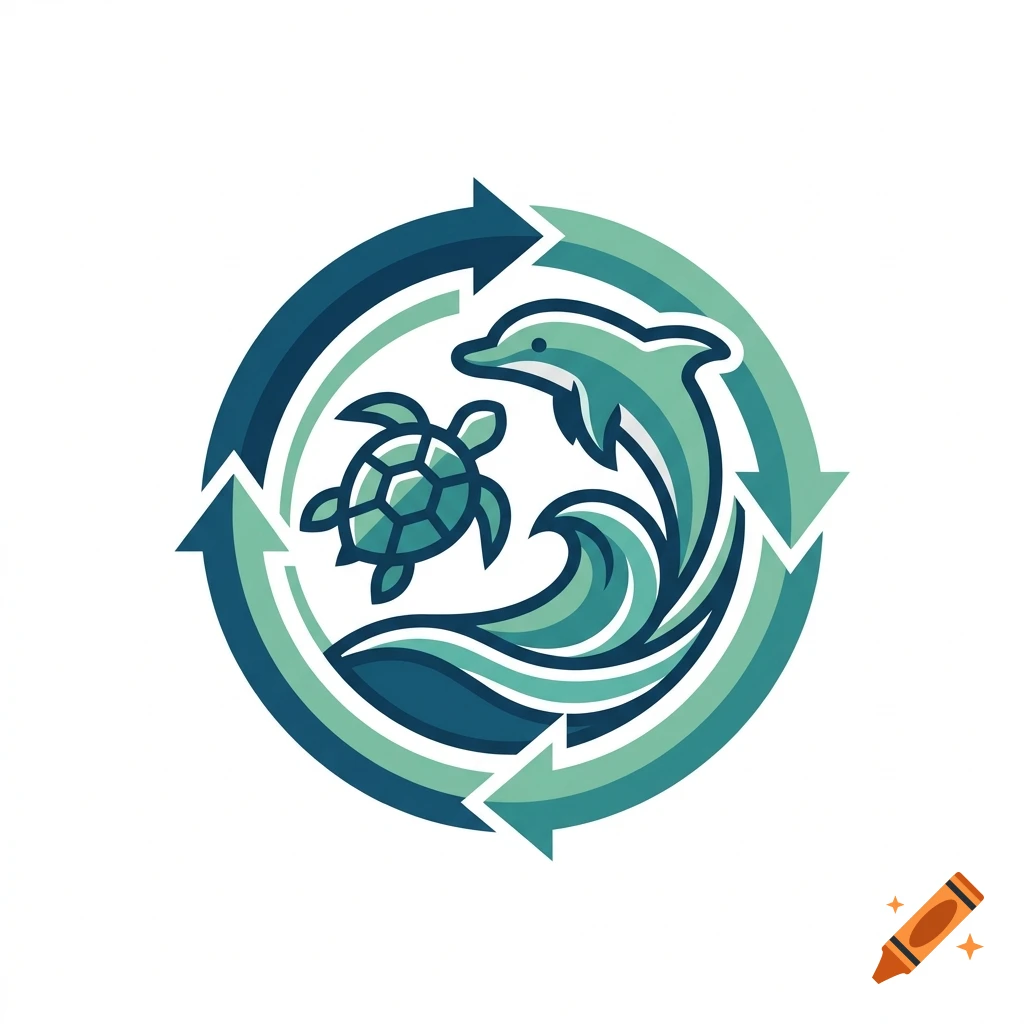 A circular logo featuring a dolphin, a sea turtle, and a wave surrounded by recycling arrows in shades of teal.