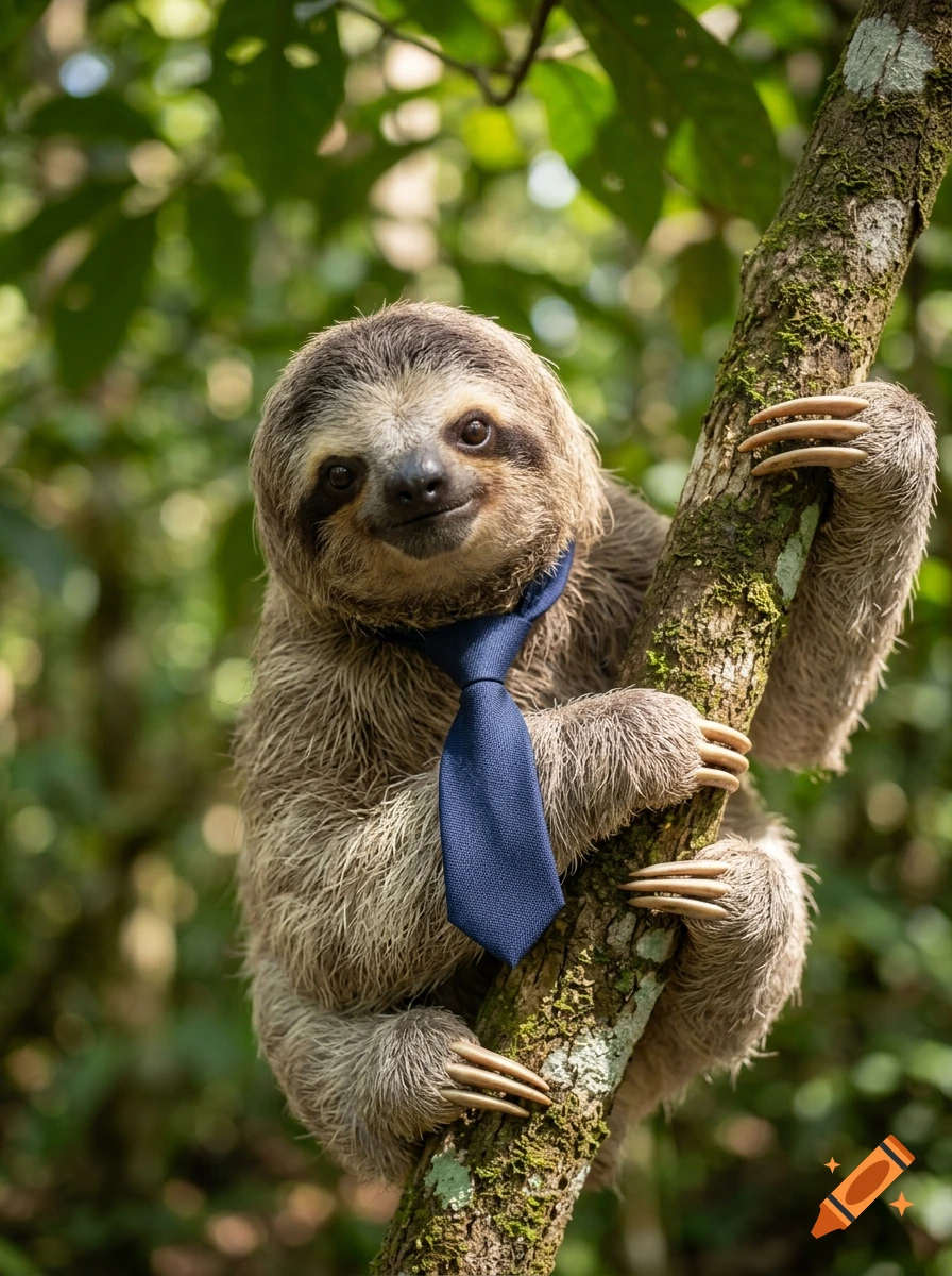 A sloth wearing a blue tie clings to a tree trunk in a lush forest.