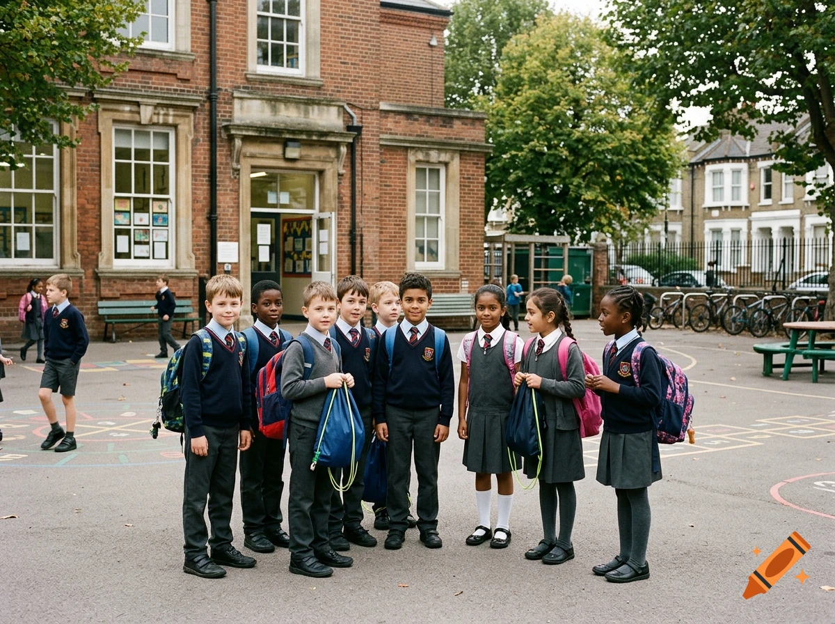 A group of schoolchildren in uniform with backpacks standing together in a school playground in front of a brick school building.