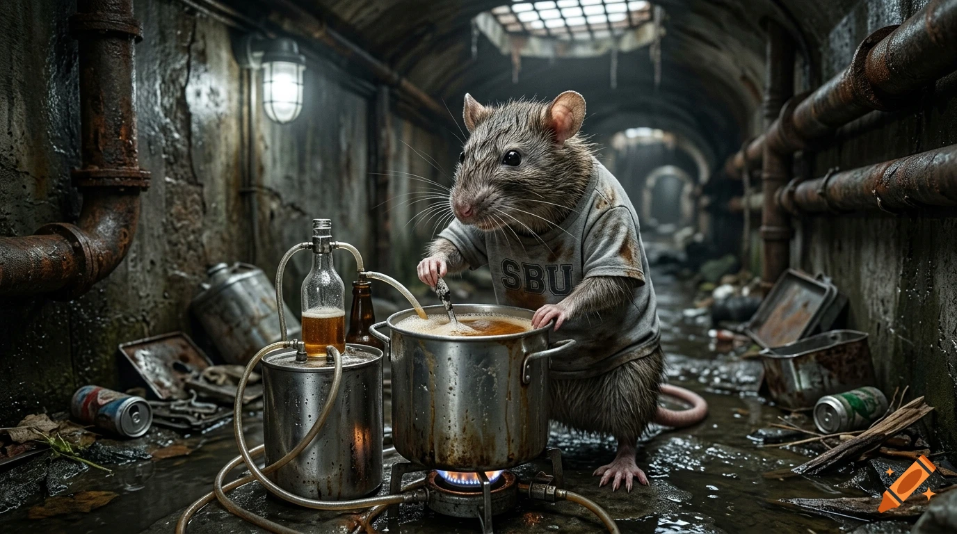 Photorealistic image of a rat wearing a t-shirt brewing beer in a pot inside a dirty sewer tunnel.
