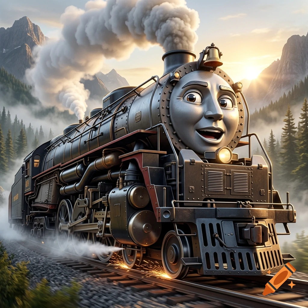 An anthropomorphic black steam train with a smiling face driving through a mountainous landscape at sunset.