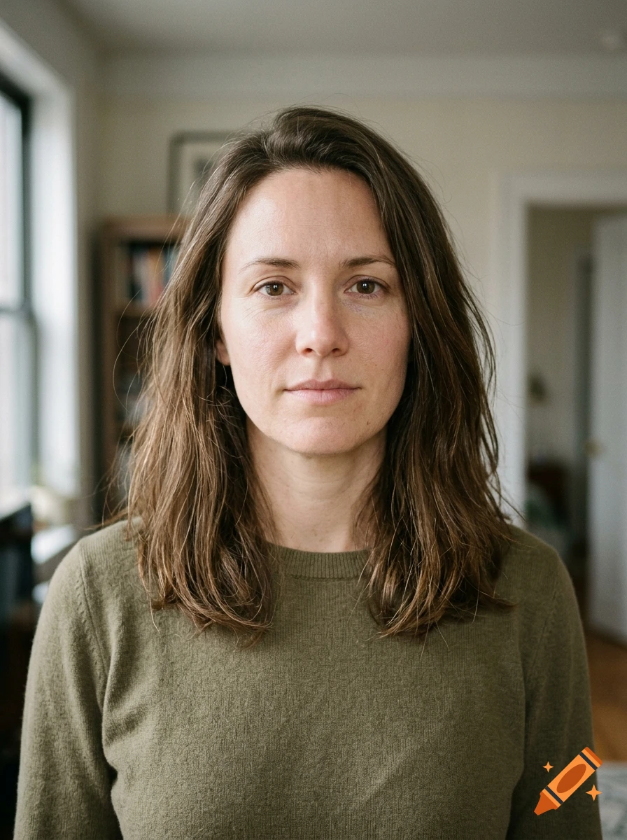 Photorealistic portrait of a woman with brown hair wearing a green sweater.