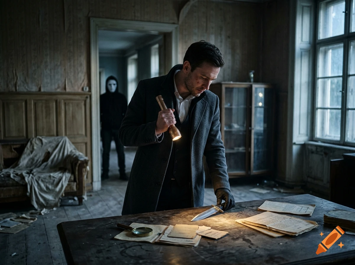 A detective in a coat holds a flashlight, inspecting a knife on a table inside a dark room while a masked figure watches from a doorway.