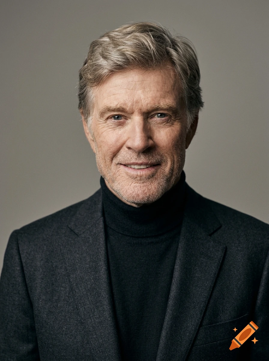 Photorealistic studio portrait of an older man with gray hair and a beard, wearing a black turtleneck and blazer against a plain gray background.